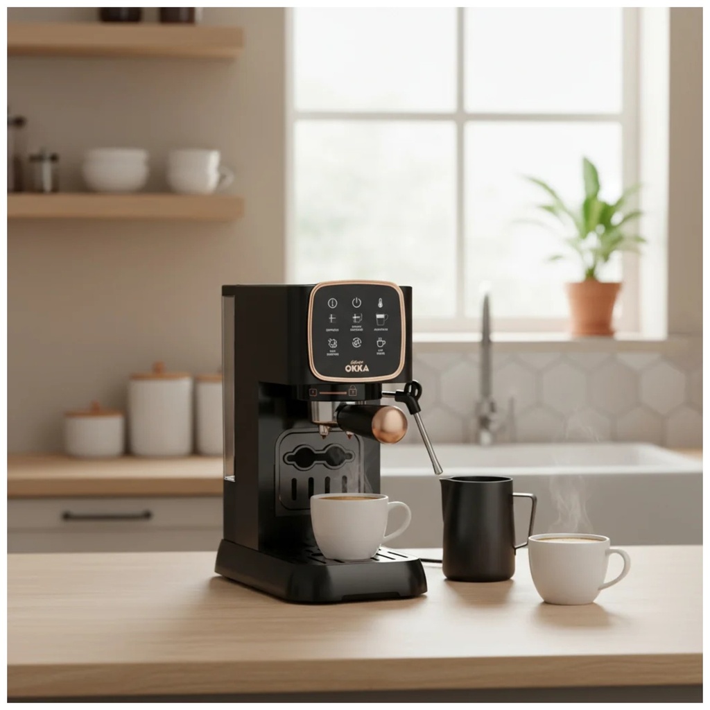 Arzum Okka Solo OK0034-0400 espresso machine — kitchen lifestyle | 15 bar, black × copper