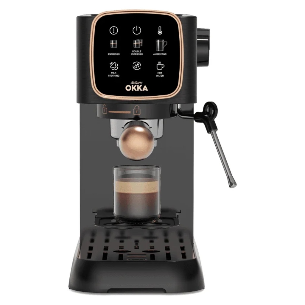 Arzum Okka Solo OK0034-0400 — front view with cup | built-in milk frother, 15 bar