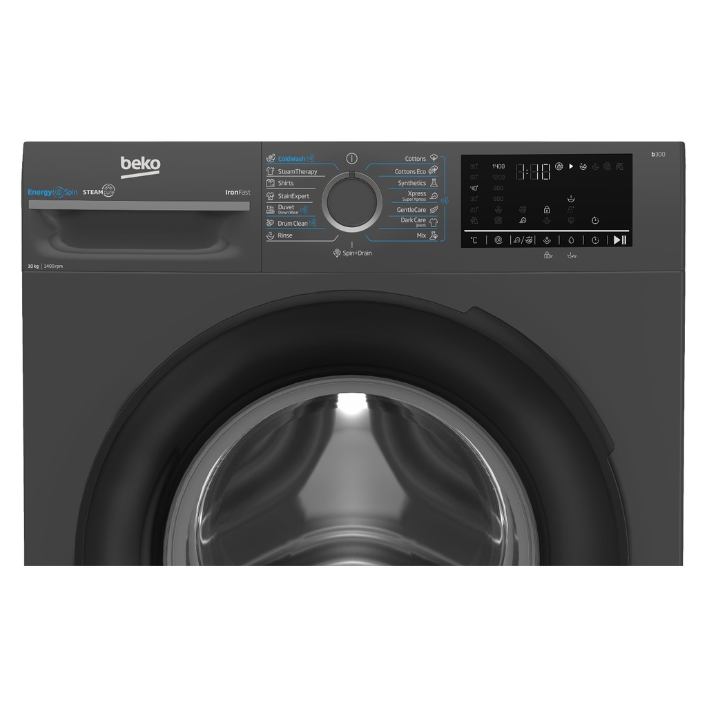 Beko WFST107XA washing machine — drum and control panel close-up | 10 kg, 1400 RPM, Dark Grey — غسالة بيكو WFST107XA — لقطة قريبة للحلة ولوحة التحكم | 10 كيلو، 1400 لفة، رمادي غامق