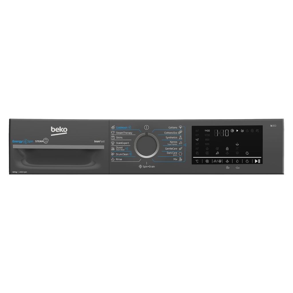 Beko WFST107XA washing machine — control panel close-up | 10 kg, 1400 RPM, Dark Grey — غسالة بيكو WFST107XA — لقطة قريبة للوحة التحكم | 10 كيلو، 1400 لفة، رمادي غامق