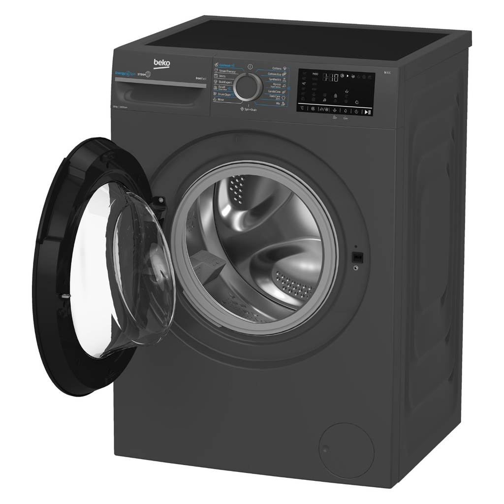 Beko WFST107XA washing machine — angled view with door open | 10 kg, 1400 RPM, Dark Grey — غسالة بيكو WFST107XA — منظر مائل والباب مفتوح | 10 كيلو، 1400 لفة، رمادي غامق