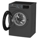 Beko WFST107XA washing machine — angled view with door open | 10 kg, 1400 RPM, Dark Grey — غسالة بيكو WFST107XA — منظر مائل والباب مفتوح | 10 كيلو، 1400 لفة، رمادي غامق