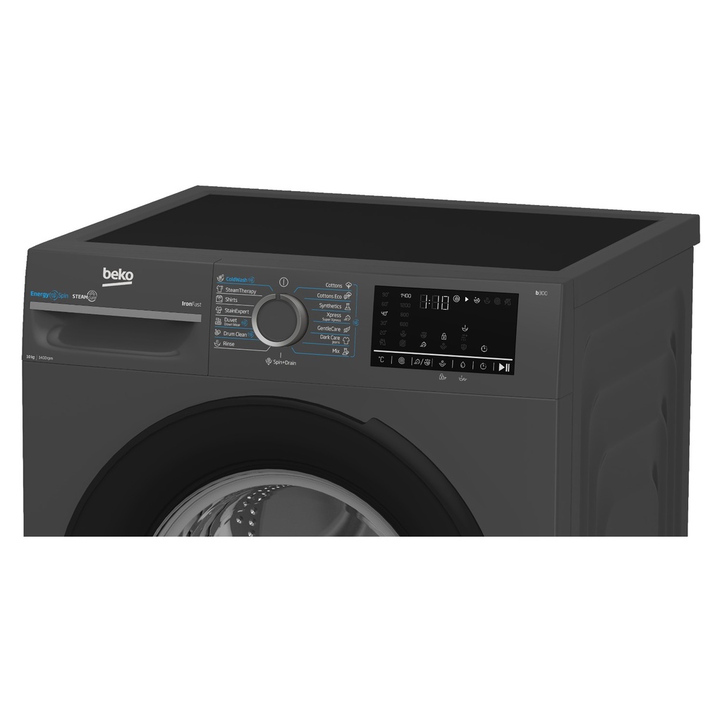 Beko WFST107XA washing machine — top and rear angled view | 10 kg, 1400 RPM, Dark Grey — غسالة بيكو WFST107XA — منظر مائل من أعلى والخلف | 10 كيلو، 1400 لفة، رمادي غامق