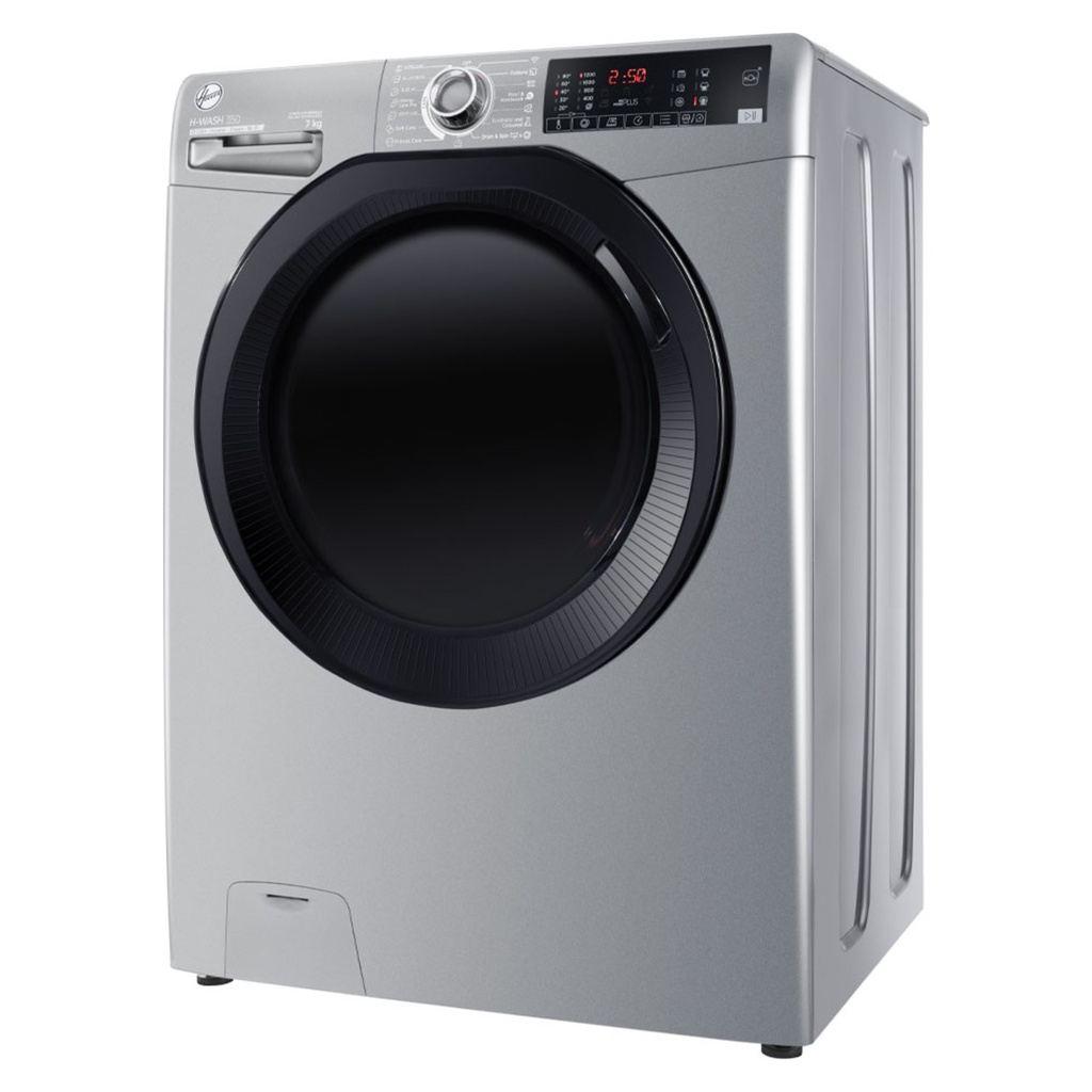 Hoover H3WPS274TMBR6ELA washing machine — angled side view | 7 kg, 1200 rpm, Dark Silver — غسالة هوفر H3WPS274TMBR6ELA — منظر جانبي مائل | 7 كجم، 1200 لفة، سيلفر غامق