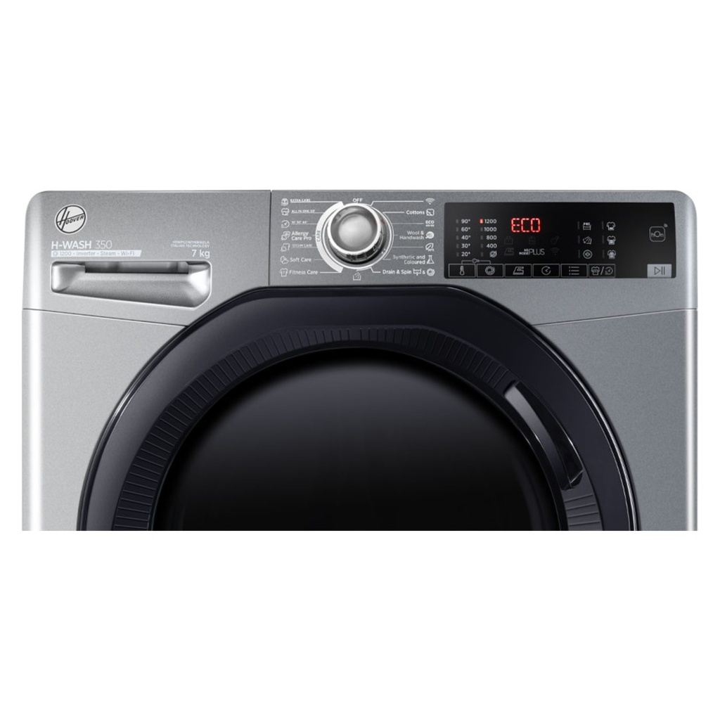 Hoover H3WPS274TMBR6ELA washing machine — control panel close-up | 7 kg, 1200 rpm, Dark Silver — غسالة هوفر H3WPS274TMBR6ELA — لقطة قريبة للوحة التحكم | 7 كجم، 1200 لفة، سيلفر غامق