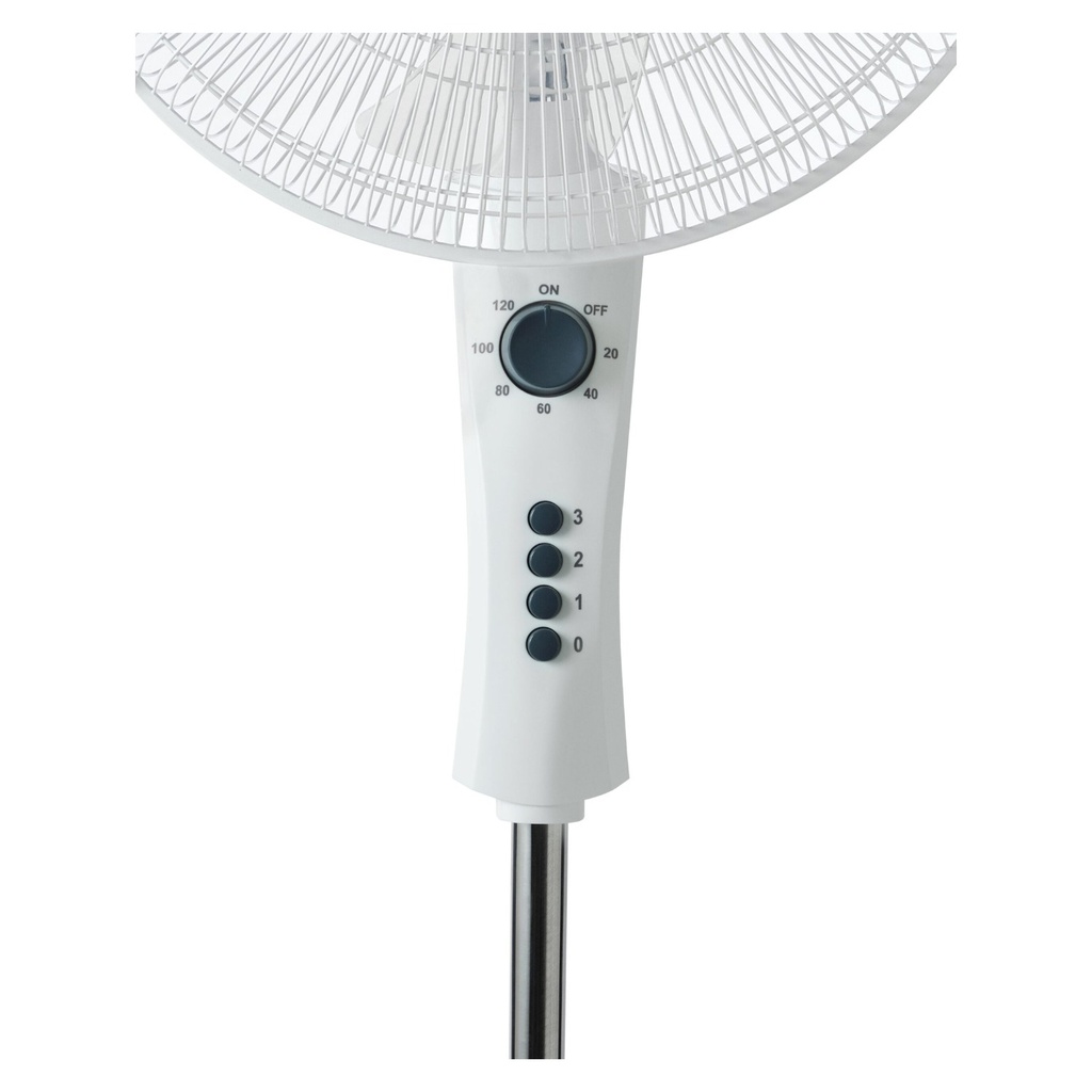 Arzum Windream AR070-02 stand fan — control panel and timer close-up | 16 inch, 3 speeds, White — مروحة أرزوم ويندريم AR070-02 — لقطة قريبة للوحة التحكم والمؤقت | 16 بوصة، 3 سرعات، أبيض