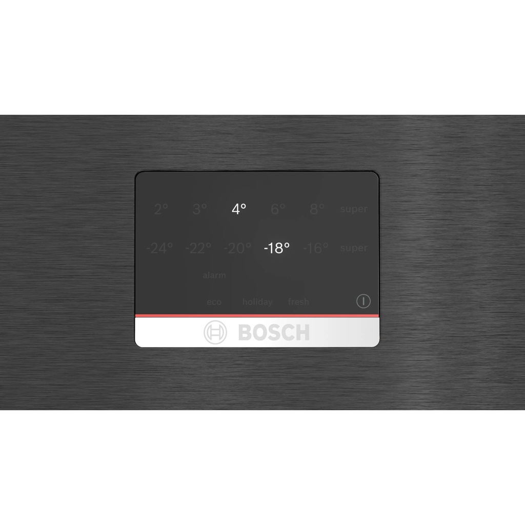 Bosch KGN76CXEE8 refrigerator — LED display and controls close-up | 526 L, No Frost, Black Steel — ثلاجة بوش KGN76CXEE8 — لقطة قريبة لشاشة LED ولوحة التحكم | 526 لتر، نو فروست، بلاك ستيل
