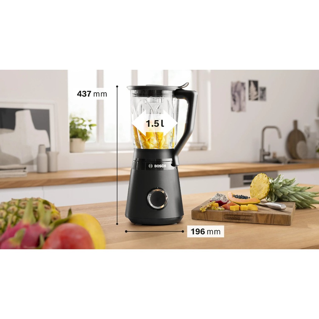Bosch MMB6172B blender — dimensions overview | 1200 W, 1.5 L, Black — خلاط بوش MMB6172B — نظرة على الأبعاد | 1200 وات، 1.5 لتر، أسود
