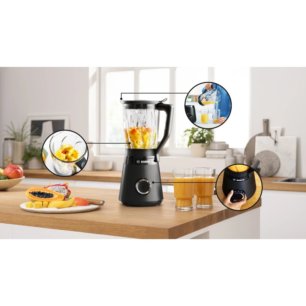 Bosch MMB6172B blender — blender with fresh ingredients | 1200 W, 1.5 L, Black — خلاط بوش MMB6172B — الخلاط مع مكونات طازجة | 1200 وات، 1.5 لتر، أسود