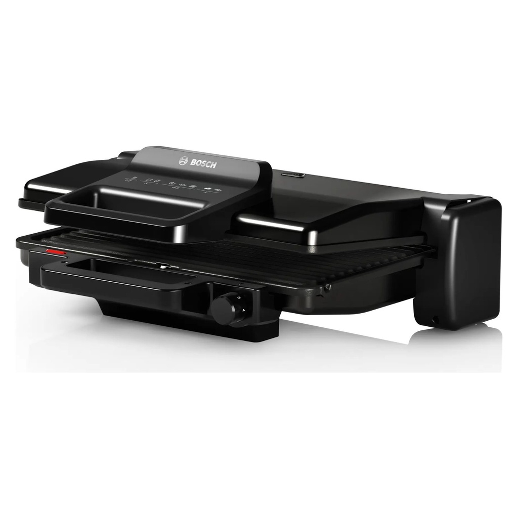 Bosch TCG3323 contact grill — side view with handle | 2000 W, 310 × 220 mm, Black — شواية بوش TCG3323 — منظر جانبي مع اليد | 2000 وات، 310 × 220 مم، أسود
