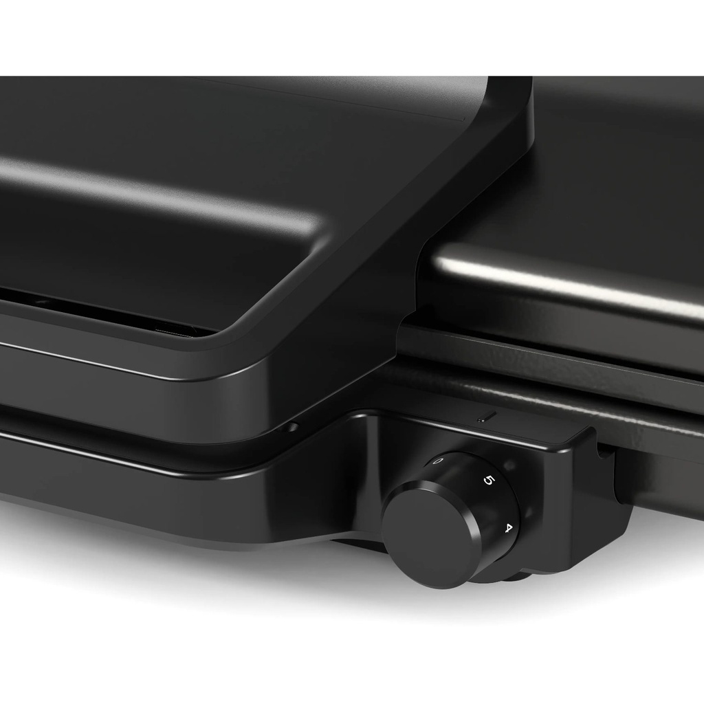 Bosch TCG3323 contact grill — temperature dial close-up | 2000 W, 310 × 220 mm, Black — شواية بوش TCG3323 — لقطة قريبة لمفتاح الحرارة | 2000 وات، 310 × 220 مم، أسود