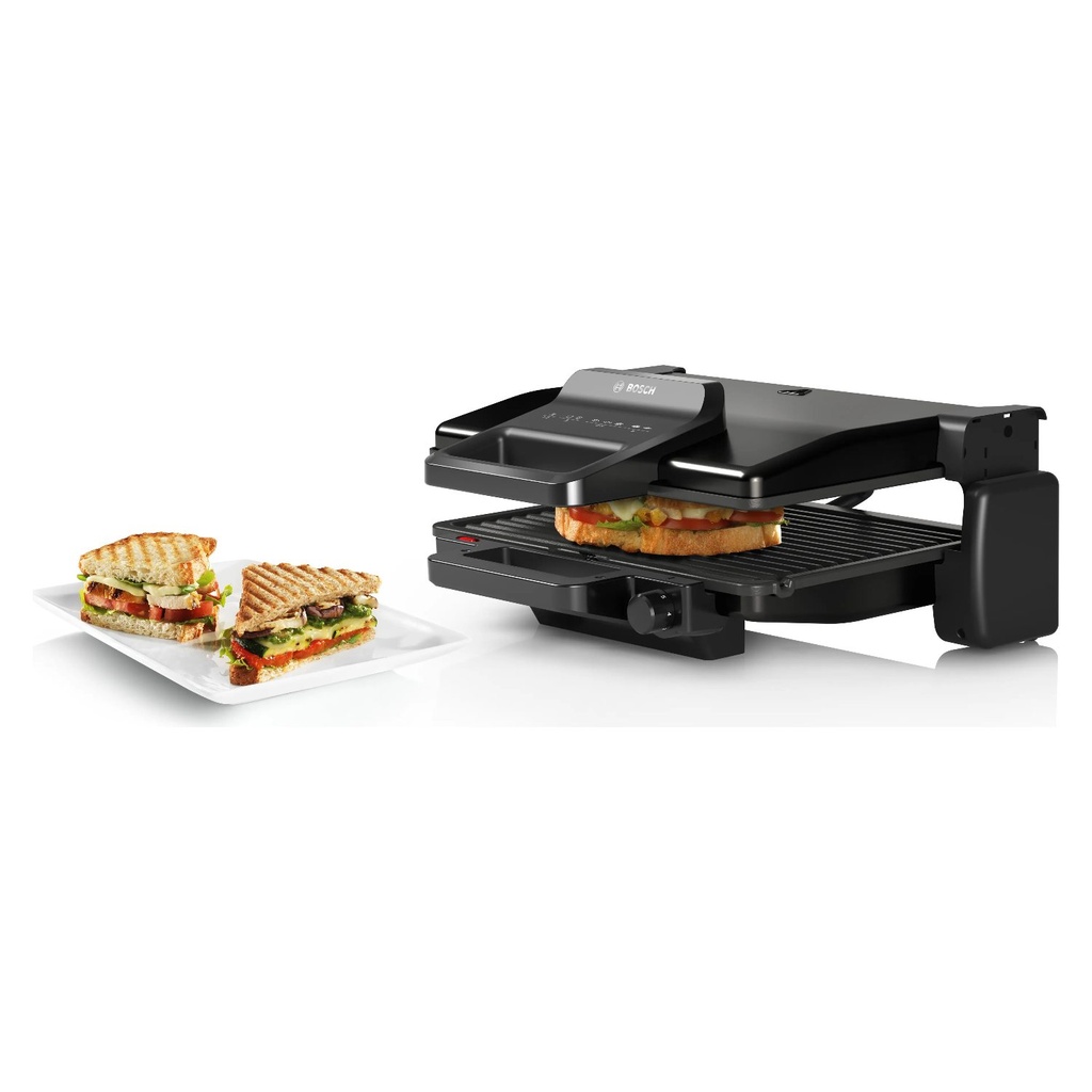Bosch TCG3323 contact grill — grilled panini sandwiches | 2000 W, 310 × 220 mm, Black — شواية بوش TCG3323 — سندوتشات بانيني مشوية | 2000 وات، 310 × 220 مم، أسود