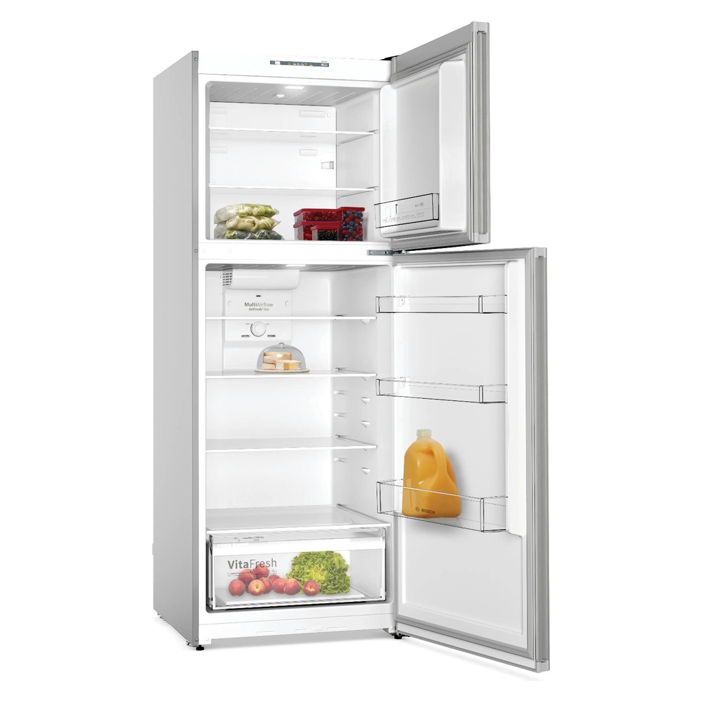 Bosch KDN55NL2E8 refrigerator — both doors open, full interior | 453 L, No Frost, Stainless — ثلاجة بوش KDN55NL2E8 — البابين مفتوحين والداخل كامل | 453 لتر، نو فروست، استانلس