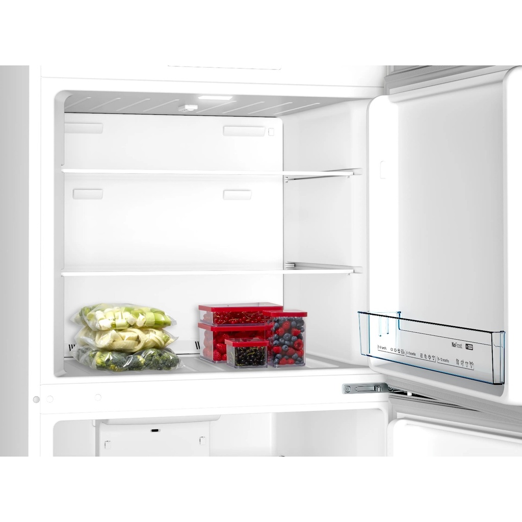Bosch KDN55NL2E8 refrigerator — fridge shelves loaded with food | 453 L, No Frost, Stainless — ثلاجة بوش KDN55NL2E8 — أرفف الثلاجة مليانة أكل | 453 لتر، نو فروست، استانلس