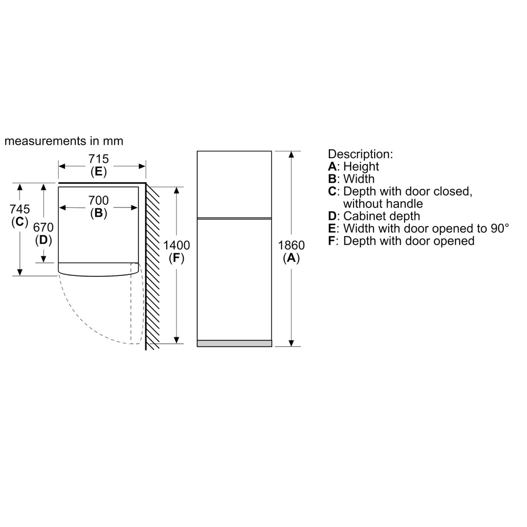 Bosch KDN55NL2E8 refrigerator — dimensions and installation drawing | 453 L, No Frost, Stainless — ثلاجة بوش KDN55NL2E8 — رسم الأبعاد والتركيب | 453 لتر، نو فروست، استانلس