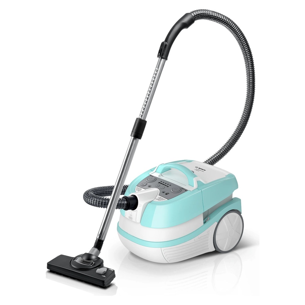 Bosch BWD420HYG wet and dry vacuum — assembled with wand and floor nozzle | 2000 W, HEPA, White × Turquoise — مكنسة بوش BWD420HYG — مركبة مع الماسورة وفرشاة الأرضية | 2000 وات، هيبا، أبيض × تركواز