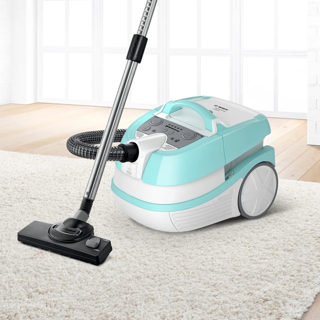 Bosch BWD420HYG wet and dry vacuum — vacuuming a carpet at home | 2000 W, HEPA, White × Turquoise — مكنسة بوش BWD420HYG — شفط السجاد في البيت | 2000 وات، هيبا، أبيض × تركواز