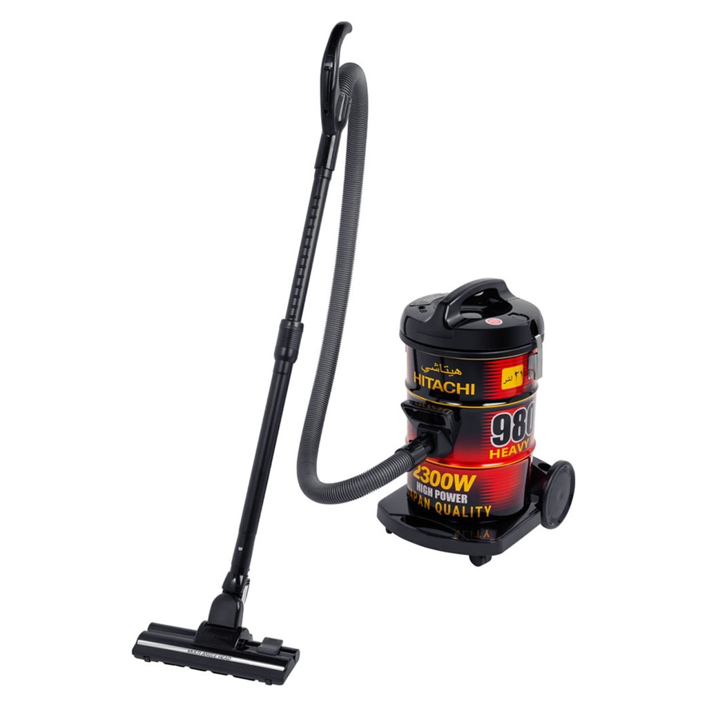 Hitachi CV-980TJ drum vacuum cleaner — assembled with wand and floor nozzle | 2300 W, 21 L, Red × Black — مكنسة هيتاشي برميلية CV-980TJ — مركبة مع الذراع وفوهة الأرضيات | 2300 وات، 21 لتر، أحمر × أسود