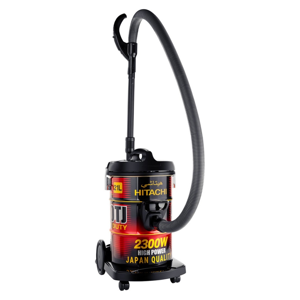 Hitachi CV-980TJ drum vacuum cleaner — drum with hose coiled, front view | 2300 W, 21 L, Red × Black — مكنسة هيتاشي برميلية CV-980TJ — البرميل والخرطوم ملفوف من الأمام | 2300 وات، 21 لتر، أحمر × أسود
