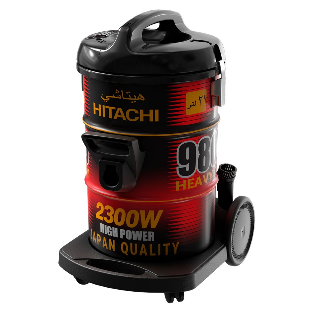 Hitachi CV-980TJ drum vacuum cleaner — drum body close-up | 2300 W, 21 L, Red × Black — مكنسة هيتاشي برميلية CV-980TJ — لقطة قريبة لجسم البرميل | 2300 وات، 21 لتر، أحمر × أسود