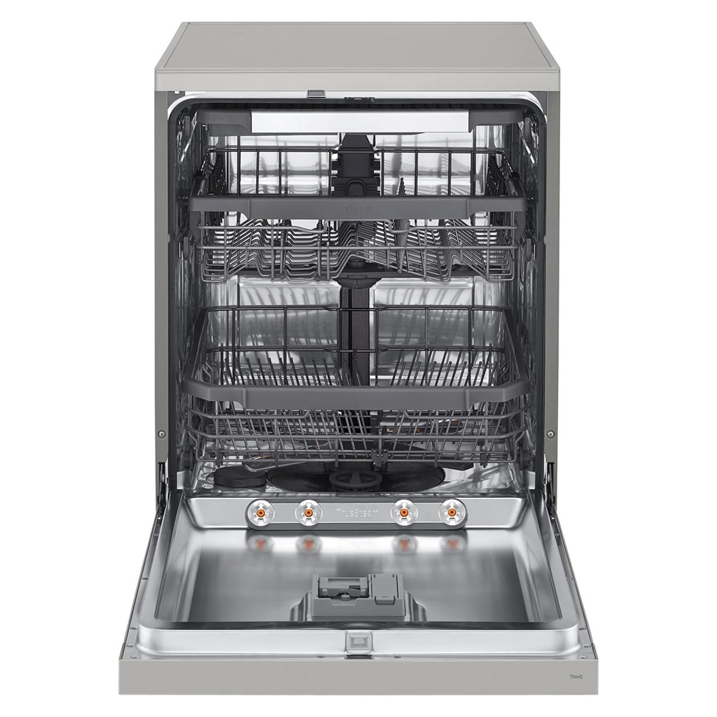 LG DFC435FP dishwasher — door open, empty racks | QuadWash, 3 spray arms | غسالة أطباق ال جي DFC435FP — الباب مفتوح والأرفف فارغة | كوادواش، 3 أذرع رش