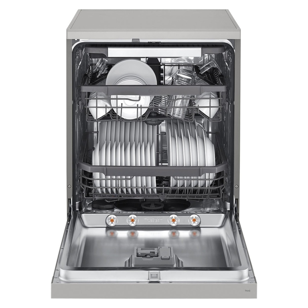 LG DFC435FP dishwasher — door open, loaded upper rack | EasyRack Plus | غسالة أطباق ال جي DFC435FP — الباب مفتوح والرف العلوي محمّل | أرفف EasyRack Plus