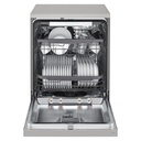 LG DFC435FP dishwasher — door open, loaded upper rack | EasyRack Plus | غسالة أطباق ال جي DFC435FP — الباب مفتوح والرف العلوي محمّل | أرفف EasyRack Plus