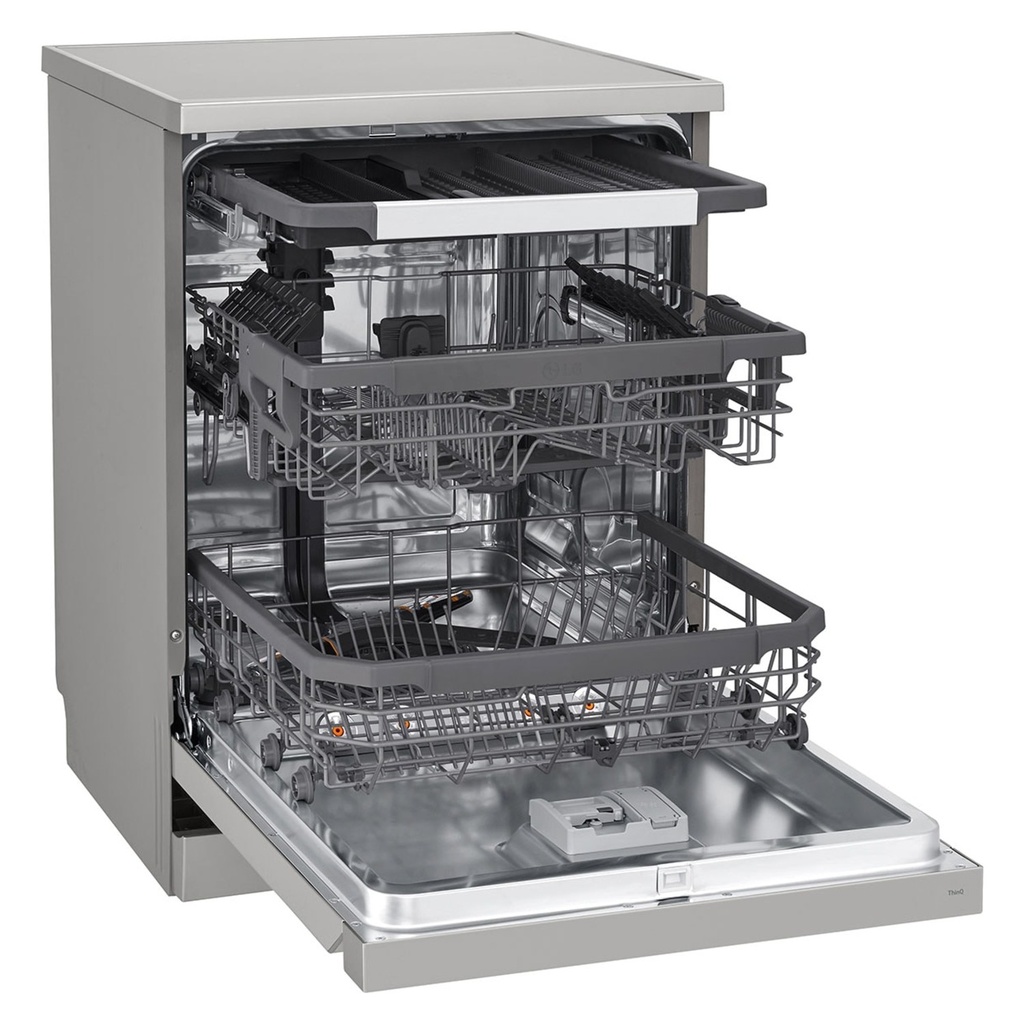 LG DFC435FP dishwasher — angled view, racks pulled out | 14 place settings | غسالة أطباق ال جي DFC435FP — منظر بزاوية والأرفف مسحوبة | سعة 14 فرد