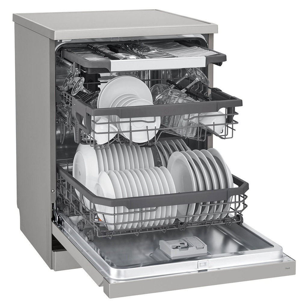 LG DFC435FP dishwasher — loaded racks, left angle | stainless steel tub | غسالة أطباق ال جي DFC435FP — الأرفف محمّلة من اليسار | حلة استانلس ستيل