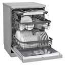 LG DFC435FP dishwasher — loaded racks, left angle | stainless steel tub | غسالة أطباق ال جي DFC435FP — الأرفف محمّلة من اليسار | حلة استانلس ستيل