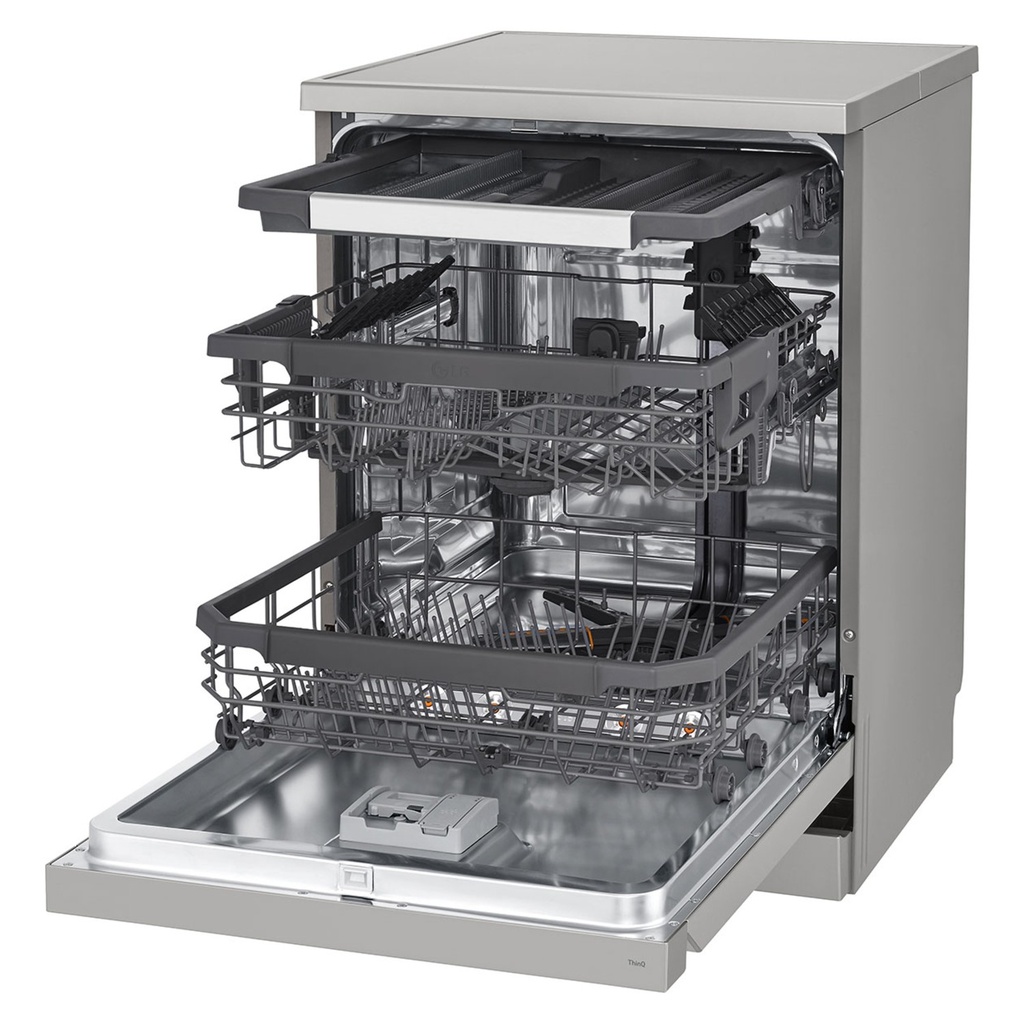 LG DFC435FP dishwasher — full load, three racks | height-adjustable 3rd rack | غسالة أطباق ال جي DFC435FP — حمولة كاملة بثلاثة أرفف | رف ثالث قابل لضبط الارتفاع