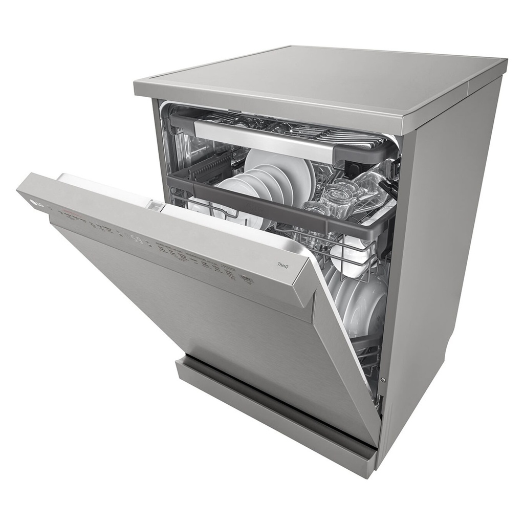 LG DFC435FP dishwasher — open door, upper rack detail | foldable tines | غسالة أطباق ال جي DFC435FP — الباب مفتوح وتفاصيل الرف العلوي | أسنان قابلة للطي