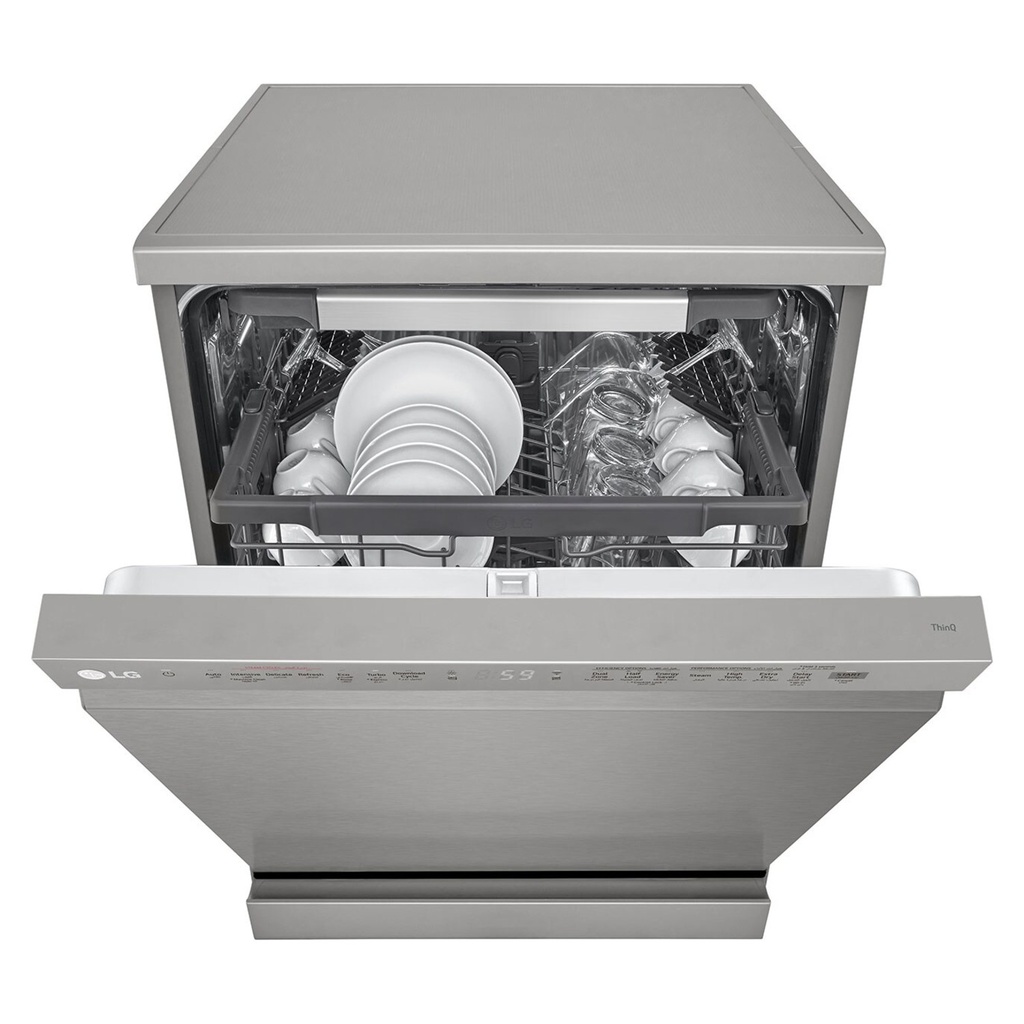 LG DFC435FP dishwasher — front control panel, door open | LED display, 10 programs | غسالة أطباق ال جي DFC435FP — لوحة التحكم الأمامية والباب مفتوح | شاشة LED و10 برامج