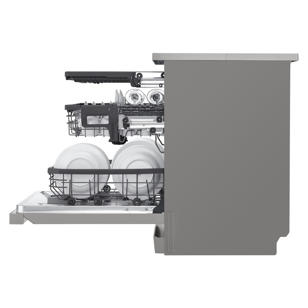 LG DFC435FP dishwasher — cutaway of loaded racks | QuadWash coverage | غسالة أطباق ال جي DFC435FP — مقطع للأرفف المحمّلة | تغطية كوادواش