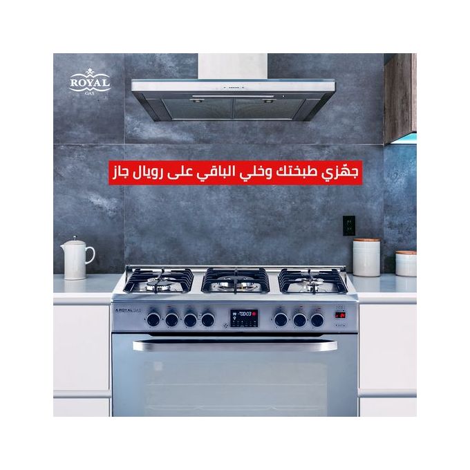 بوتاجاز رويال جاز، 90 × 60 سم، 5 شعلة، مروحة، حوامل زهر، أمان كامل، ديجيتال، استانلس استيل - ماستر شيف برو 3