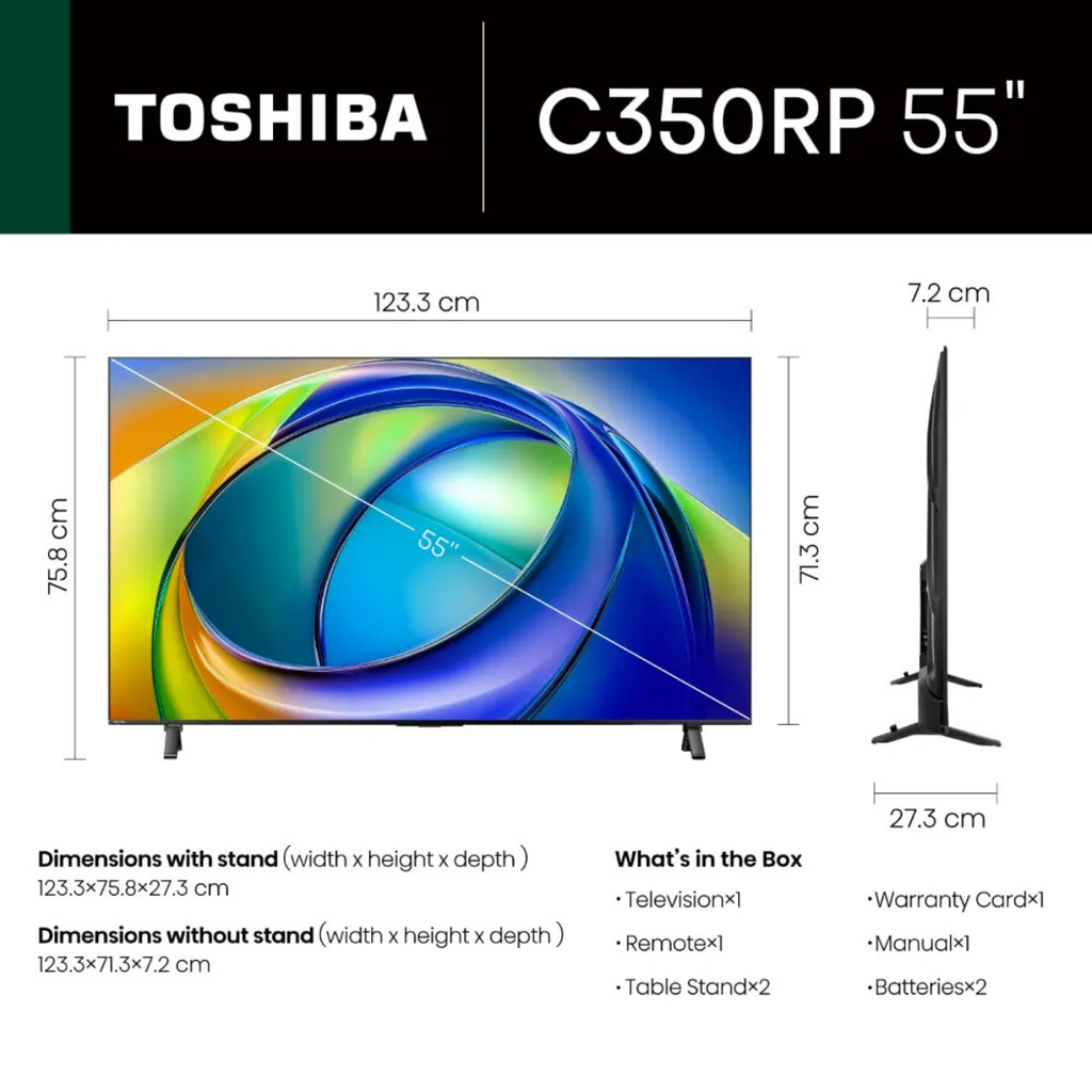 شاشة تليفزيون توشيبا، 55 بوصة، فريمليس، 4K، سمارت، ريسيفر داخلي - 55C350RP - 2