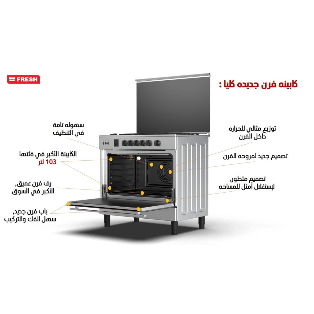بوتاجاز فريش، 90 × 60 ، 5 شعلة، مروحة، حوامل زهر، أمان كامل، ديجيتال، استانلس - هامر تورينو - 3