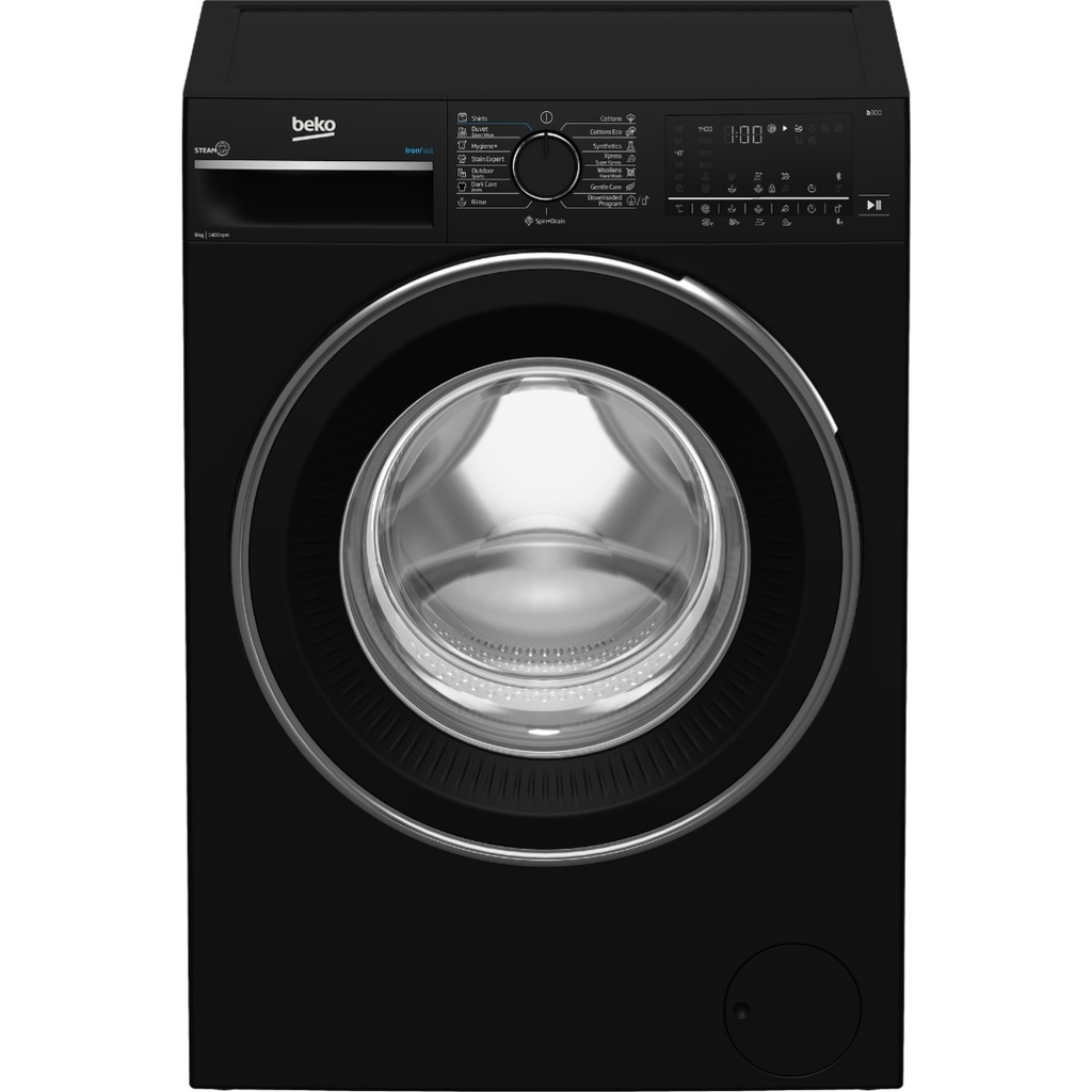 Automatic Washing Machine Beko, Front Load, 9kg, 1400rpm, 15 Programs, Digital, Bluetooth, Inverter, Black - B3WFU50940BCI