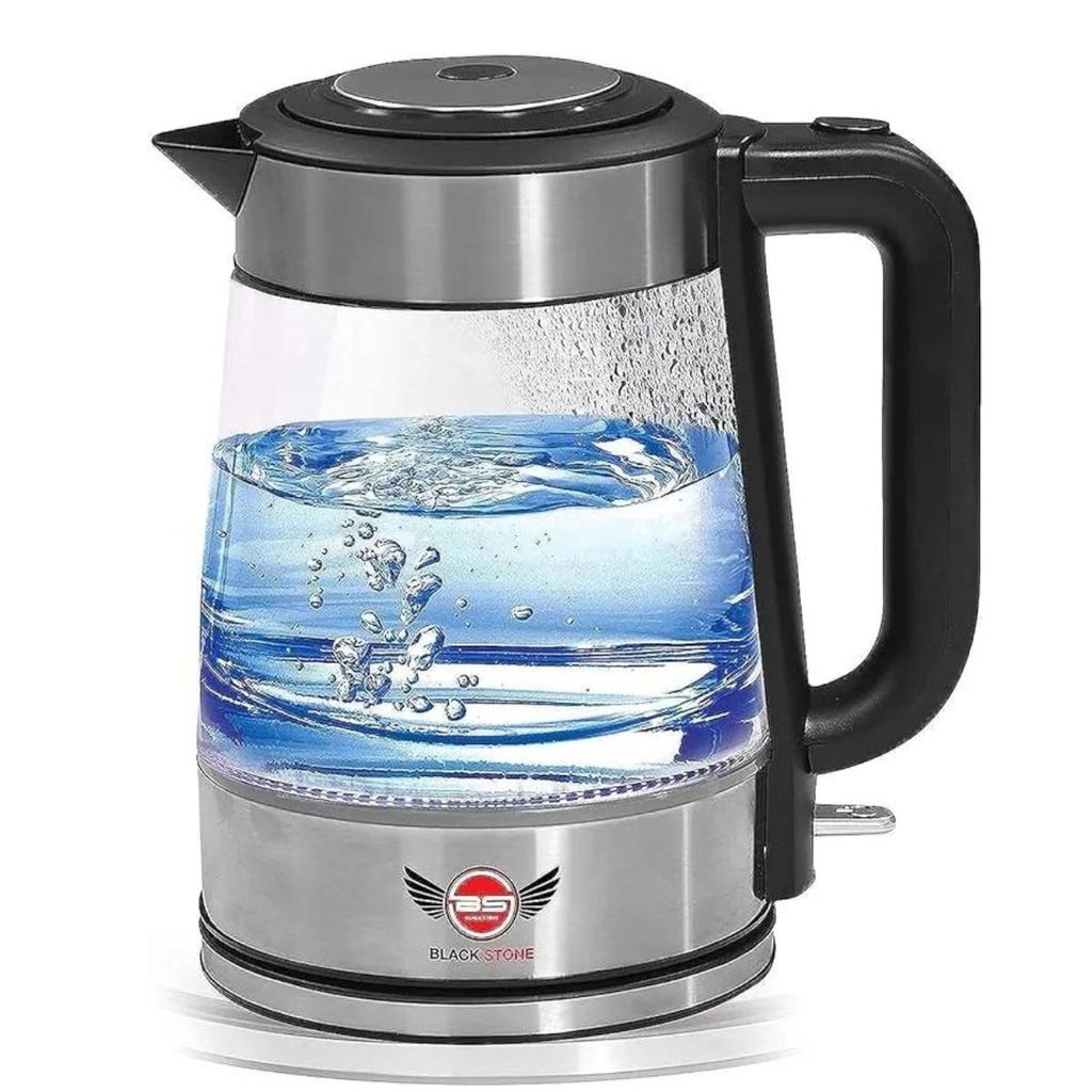 Glass Kettle Black Stone, 2L, 2200W, Clear Glass, Silver/Black - BK-1000