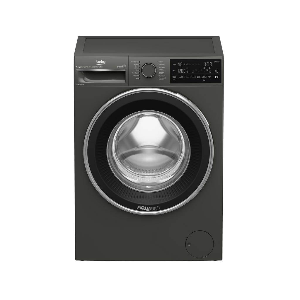 Automatic Washing Machine Beko, Front Load, 12kg, 1400rpm, 14 Programs, Digital, Inverter, WiFi, Silver - B3WFU51240MCI