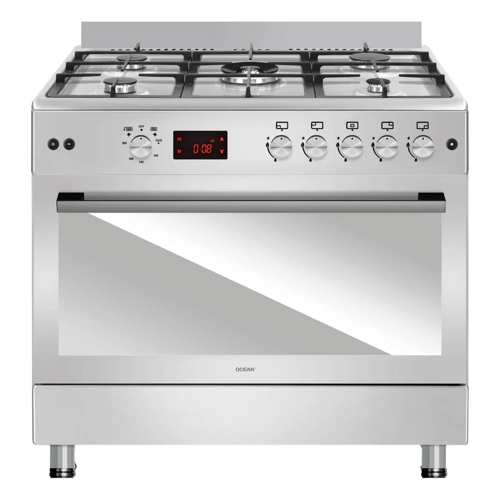 Freestanding Gas Cooker Ocean, 90×60cm, 5 Burners, 3 Fans, Professional, Cast Iron Grates, Digital, Full Safety, Stainless Steel - OCGR 9650-17 IP