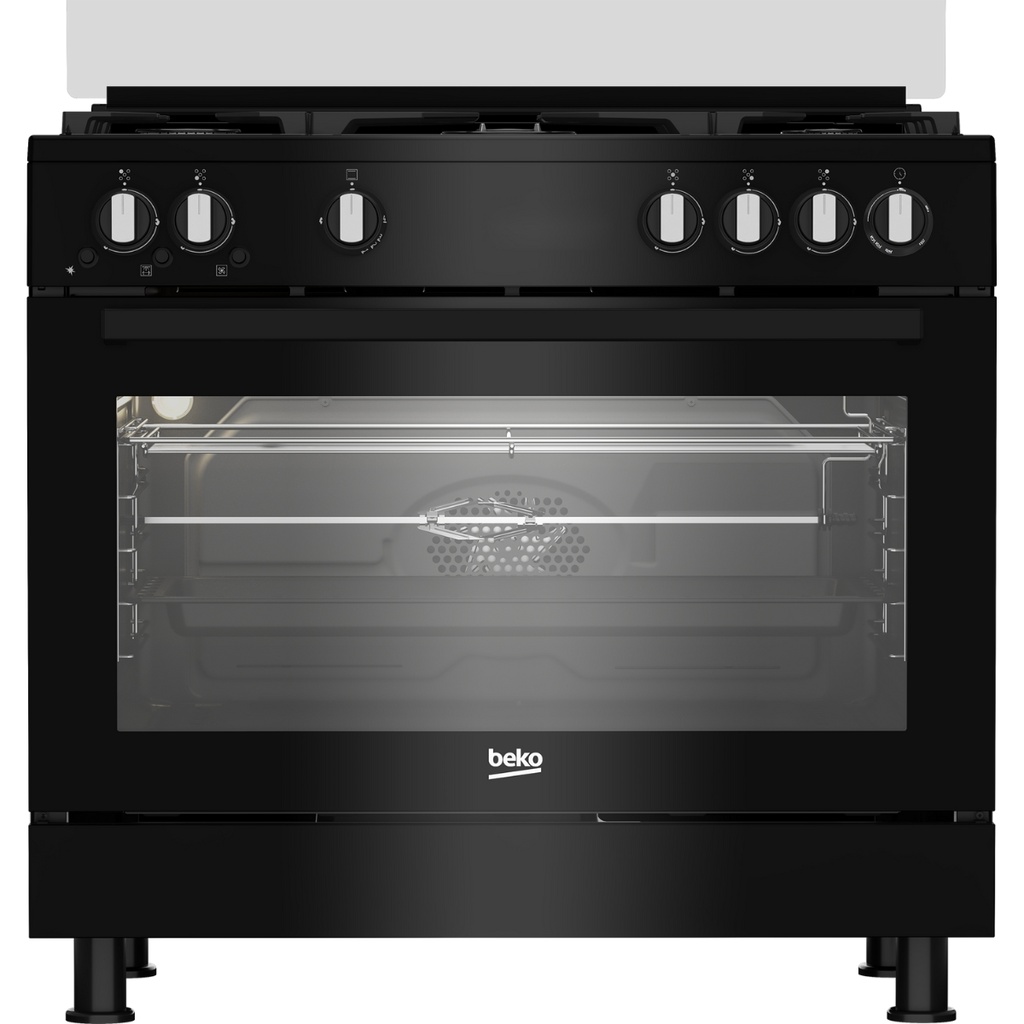 Freestanding Gas Cooker Beko, 90×60cm, 5 Burners, 2 Fans, Cast Iron Grates, Full Safety, Black - GGR 15115 DX NB