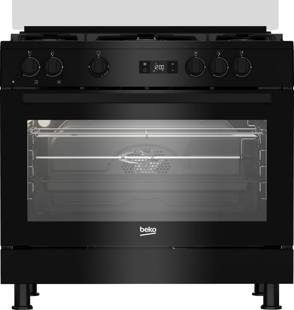 Freestanding Gas Cooker Beko, 90×60cm, 5 Burners, 2 Fans, Cast Iron Grates, Digital, Full Safety, Black - GGR 15325 FX NB