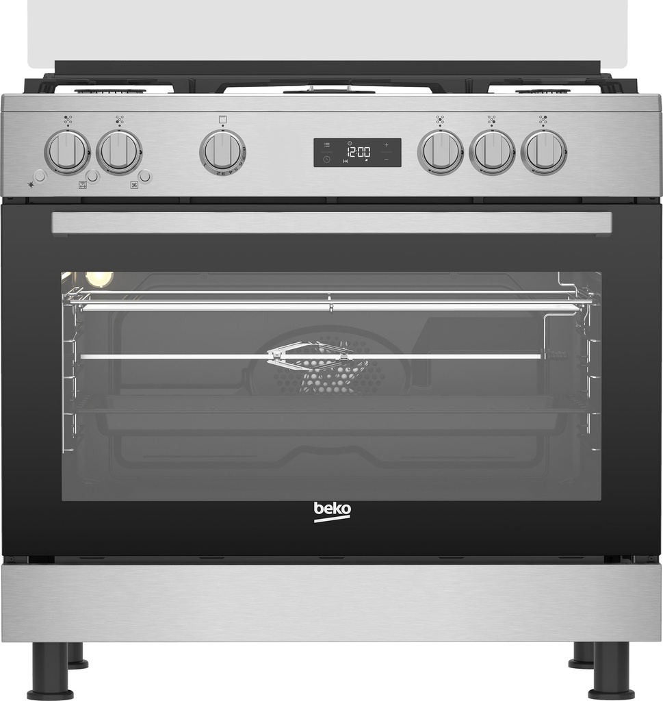 Freestanding Gas Cooker Beko, 90×60cm, 5 Burners, 2 Fans, Cast Iron Grates, Digital, Full Safety, Stainless Steel - GGR 15325 FX NS