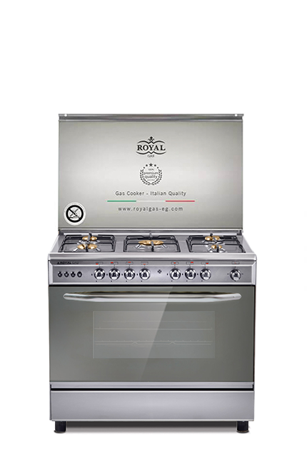 Freestanding Gas Cooker Royal Gas, 90×60cm, 5 Burners, Fan, Cast Iron Grates, Brass, Stainless Steel - Rocket Cast