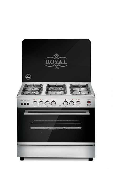 Freestanding Gas Cooker Royal Gas, 90×60cm, 5 Burners, Fan, Cast Iron Grates, Full Safety, Digital, Stainless Steel - Crystal Cast