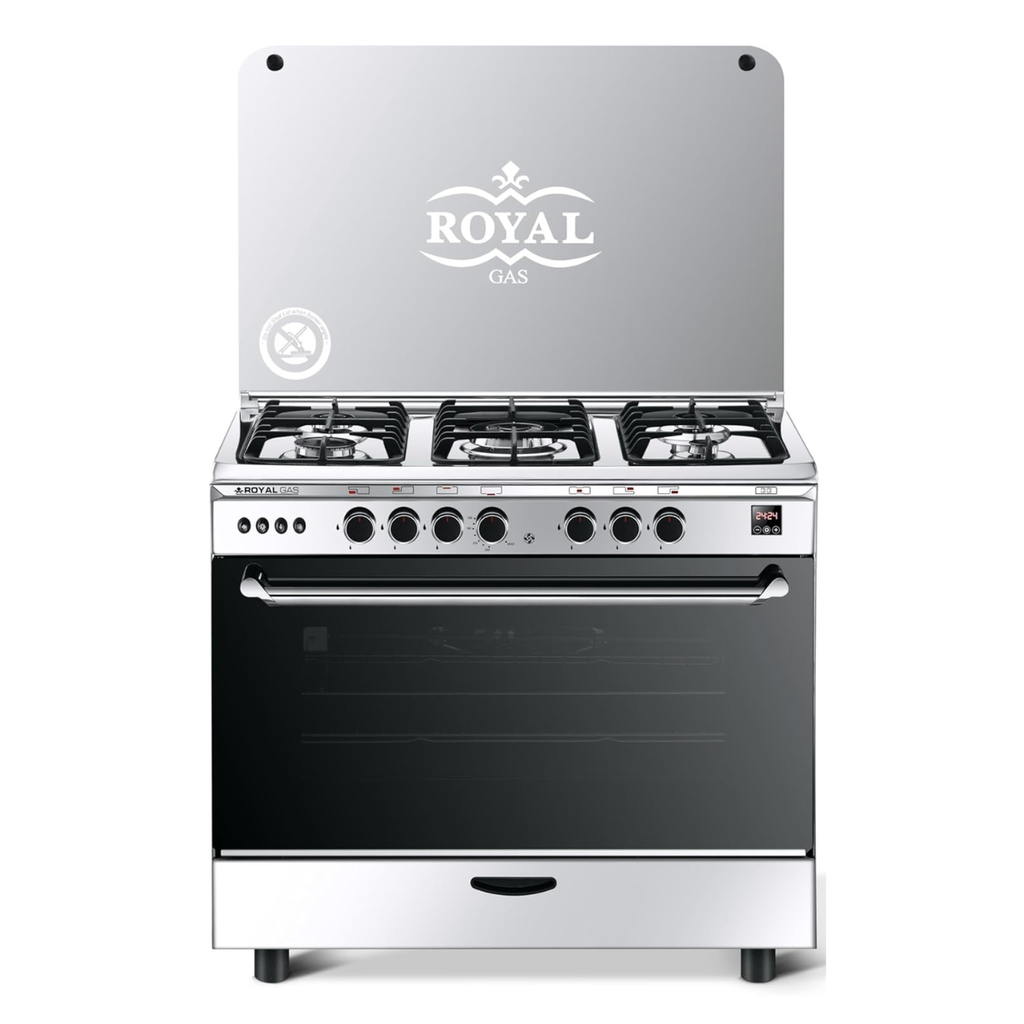 Freestanding Gas Cooker Royal Gaz, 90×60cm, 5 Burners, Fan, Cast Iron Grates, Full Safety, Digital, Stainless Steel - Lazord