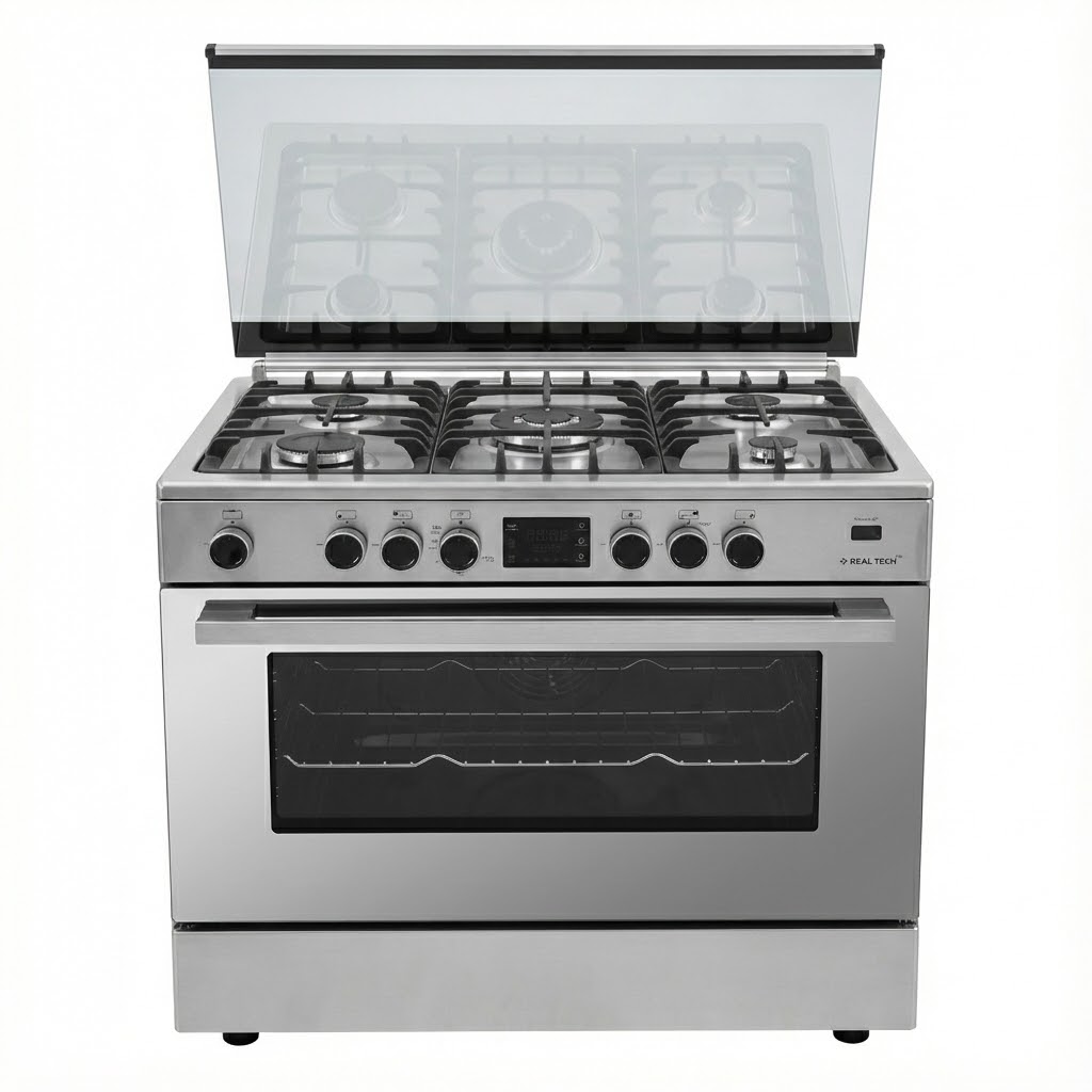 Freestanding Gas Cooker Real Tech, 90×60cm, 5 Burners, Full Safety, Fan, Cast Iron Grates, Digital Touch, Air Fryer, Stainless Steel, Pro Control - R6090SS-Ca-Sn-Tch-FS-Con-Pro