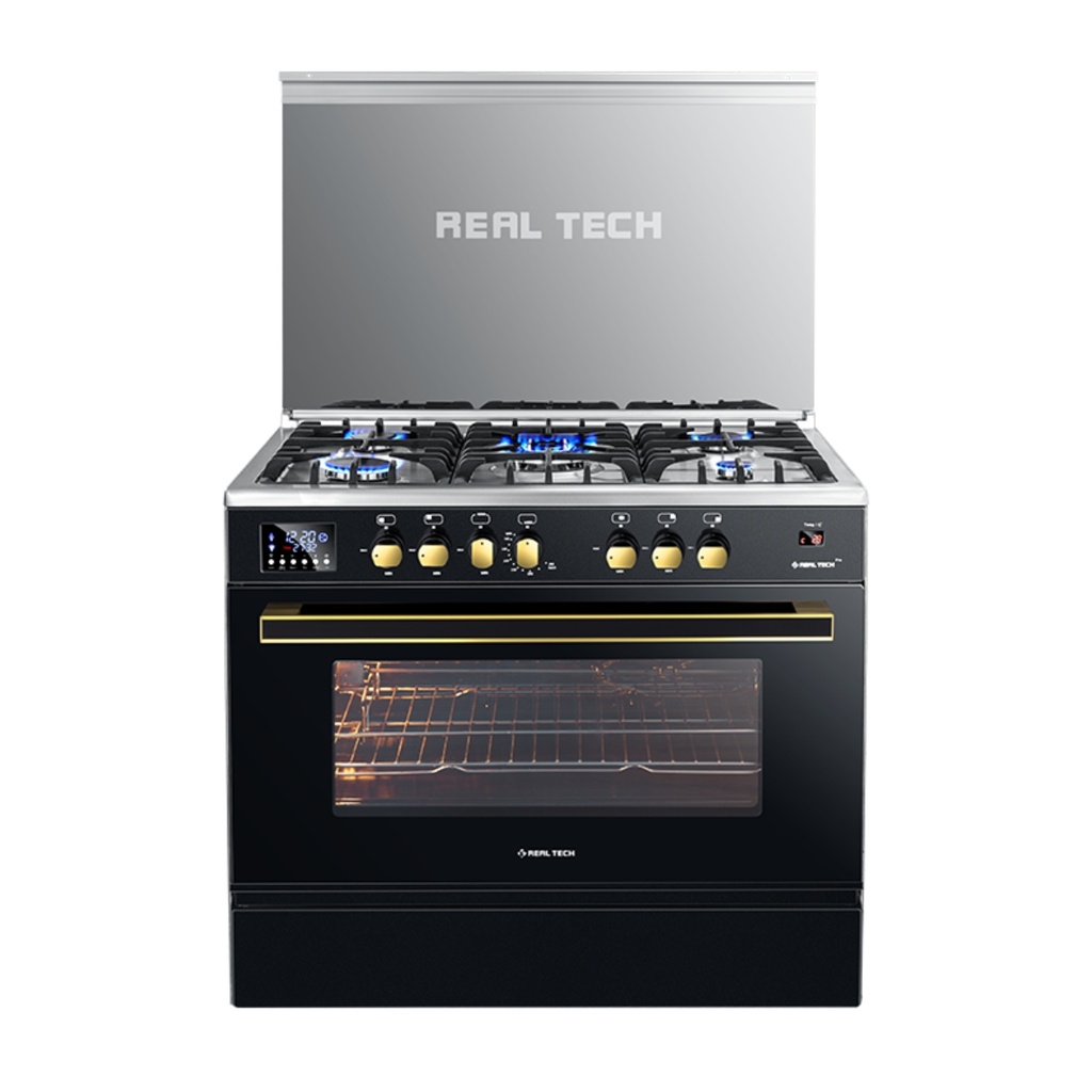 Freestanding Gas Cooker Real Tech, 90×60cm, 5 Burners, Full Safety, Fan, Cast Iron Grates, Digital Touch, Black - Pro Sensor