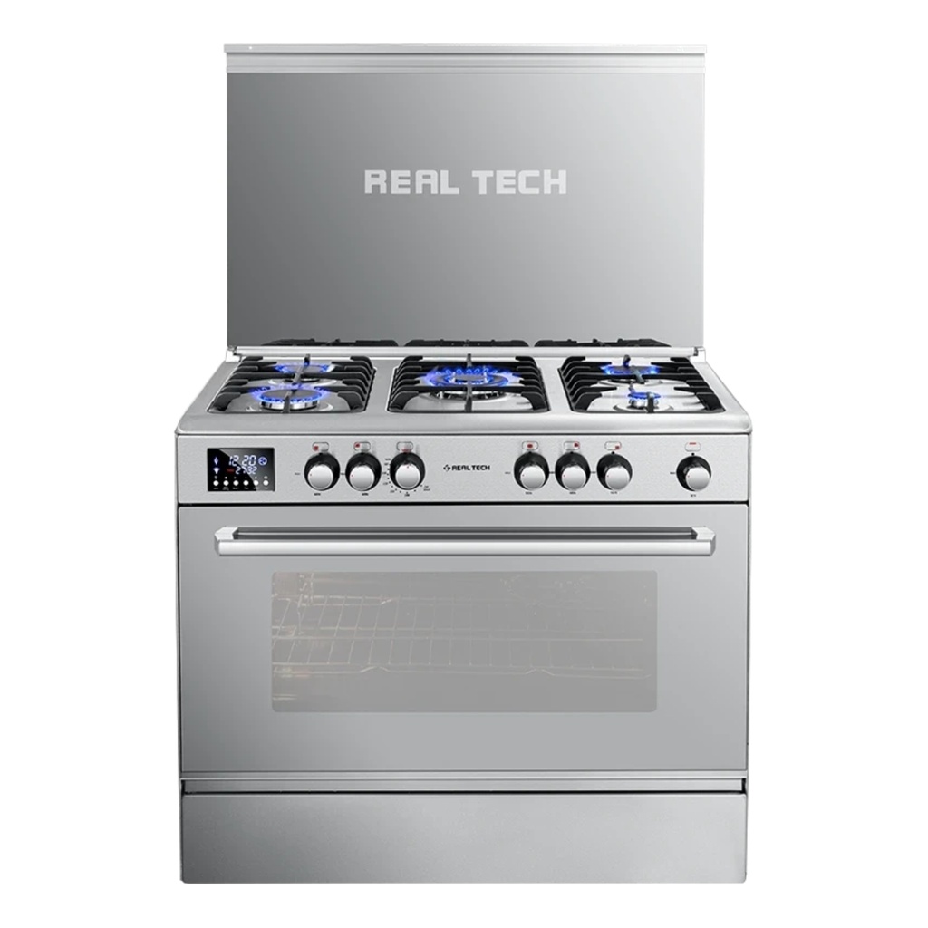 Freestanding Gas Cooker Real Tech, 90×60cm, 5 Burners, Full Safety, Fan, Cast Iron Grates, Digital Touch, Stainless Steel - Smart Touch